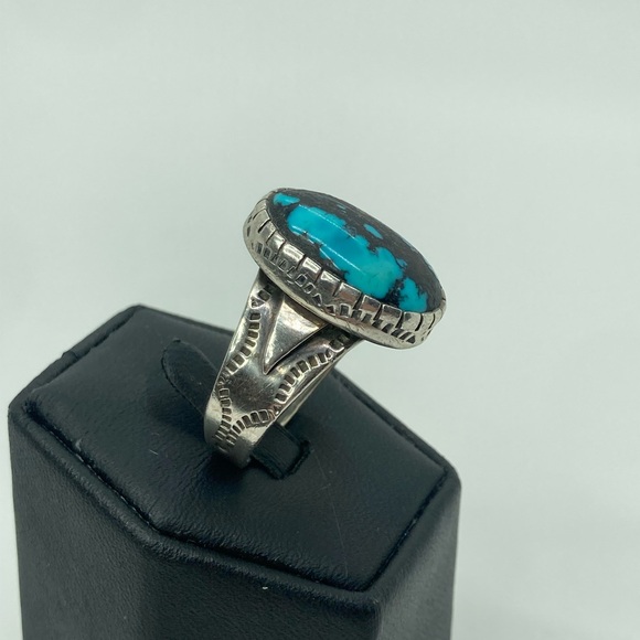 Vtg Sterling Turquoise Navajo Hand Stamped Ring Fred Harvey Era Sz 10 - Picture 4 of 13